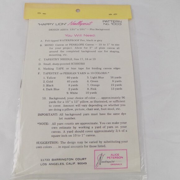 Alice Peterson Happy Lion Needlepoint Original #1003 1972 Pillow Picture Vtg New - Picture 4 of 4